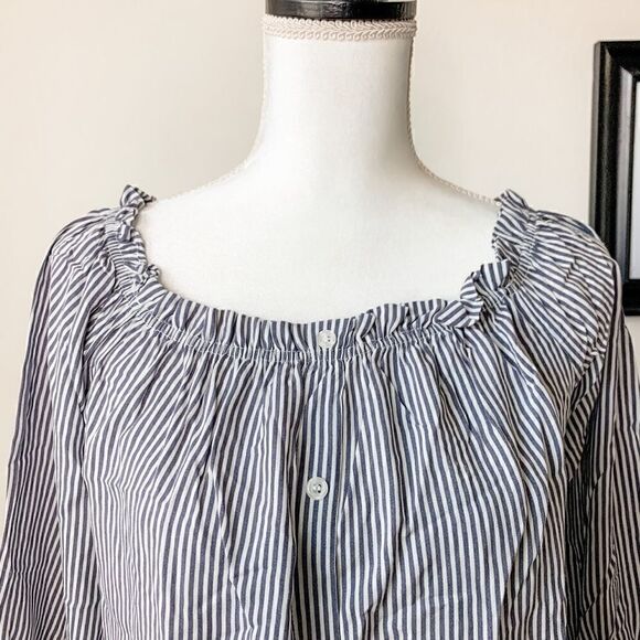 🍋 Button Down Striped Boho Peasant Top - Picture 2 of 5